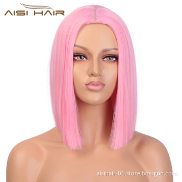 Aisi Hair Synthetic Heat Resistant Wigs For White Black Women Short Straight Pink Bob Middle Part Shoulder Length Hair Wigs